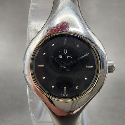 Bulova Watch Women 20mm Black Dial Stainless Steel Round 96L69 New Battery0