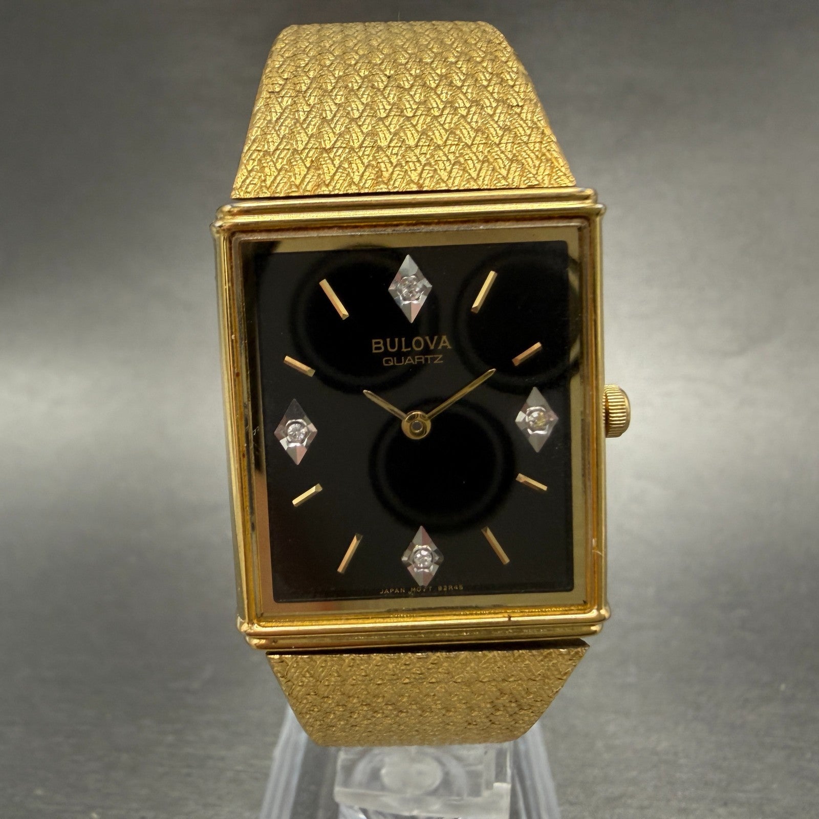 Bulova tank Watch Men 25mm Black Dial gold Tone Rectangle 92R45 New Battery0