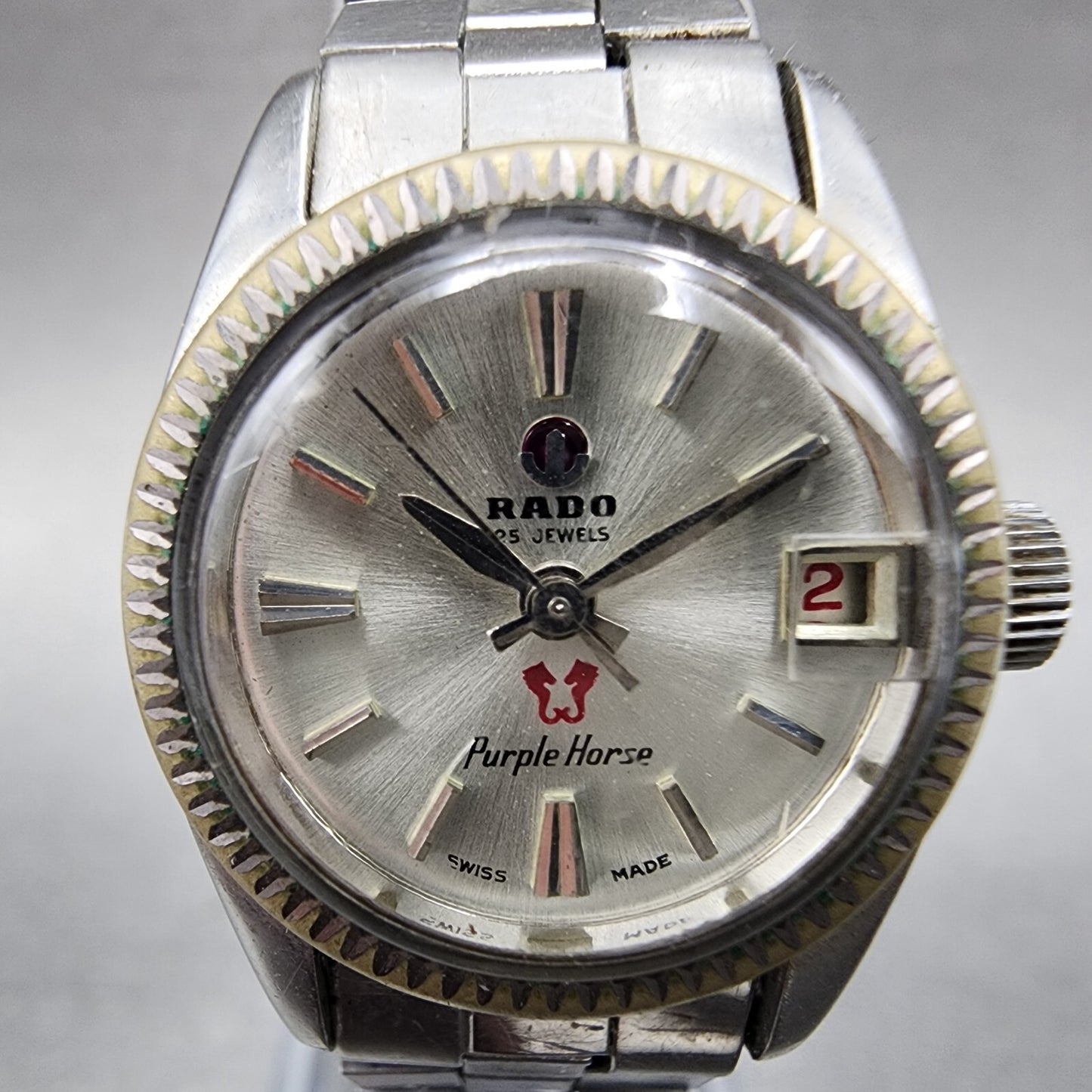 Rado Purple Horse Watch Women 22mm Silver Dial Steel Date Round Automatic Runs1