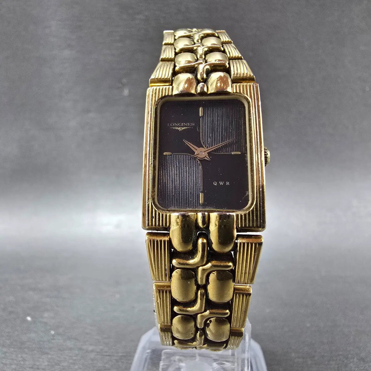 Longines QWR Tank Watch Women 17mm Black Dial Gold Rectangle New Battery VTG5