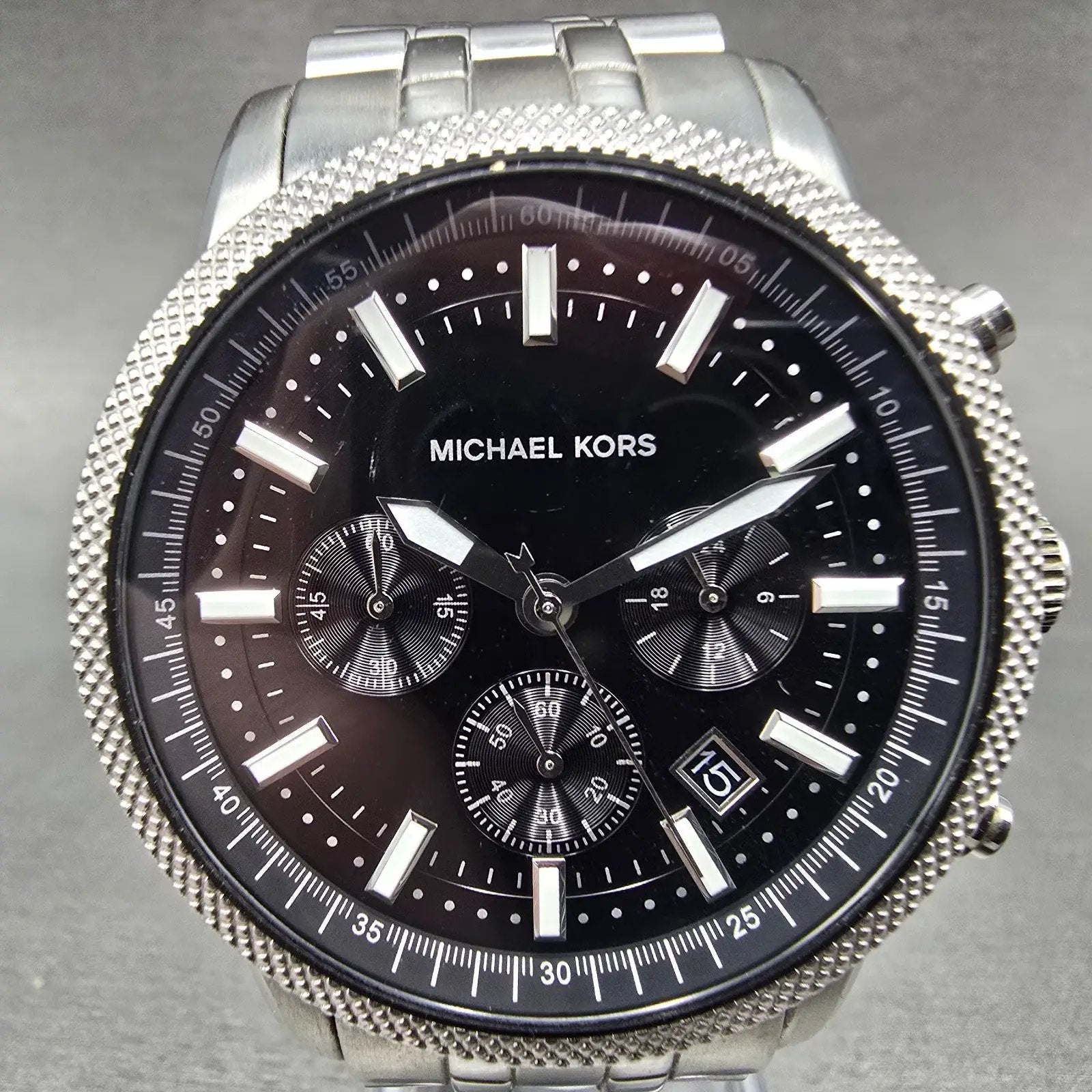 Michael Kors Scout Chronograph Watch Men 43mm Black Dial Steel MK-8316 New BattE0