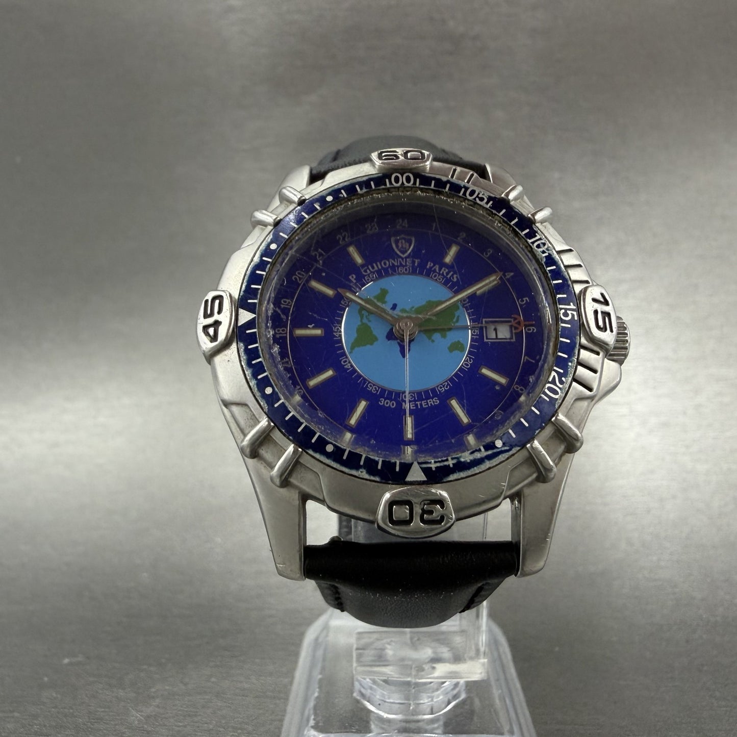 P Guionnet GMT Watch Men 40mm Blue Dial Steel Date Round  New Battery5