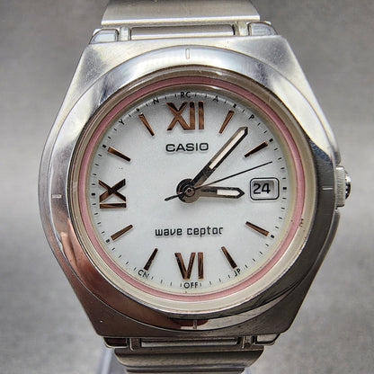 Casio Waveceptor Watch Women 28mm White Dial Silver Tone Date Round LWQ-10 Works