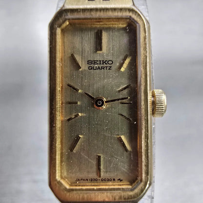 Seiko Watch Women 12mm Gold Dial Gold Tone Rectangle 1320-5029 New Battery VTG1