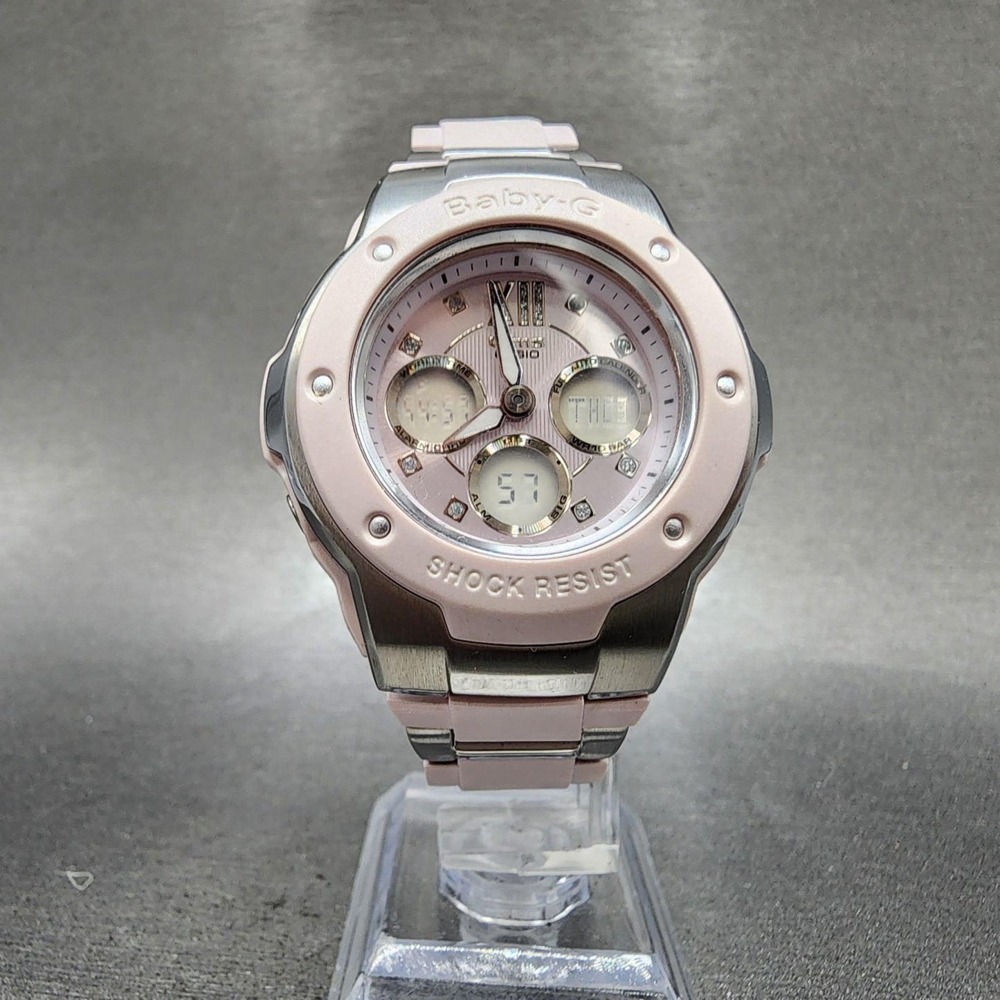 Casio BabyG MSG301 Watch Women 39mm Pink Dial Silver Tone Analog Digital Works5
