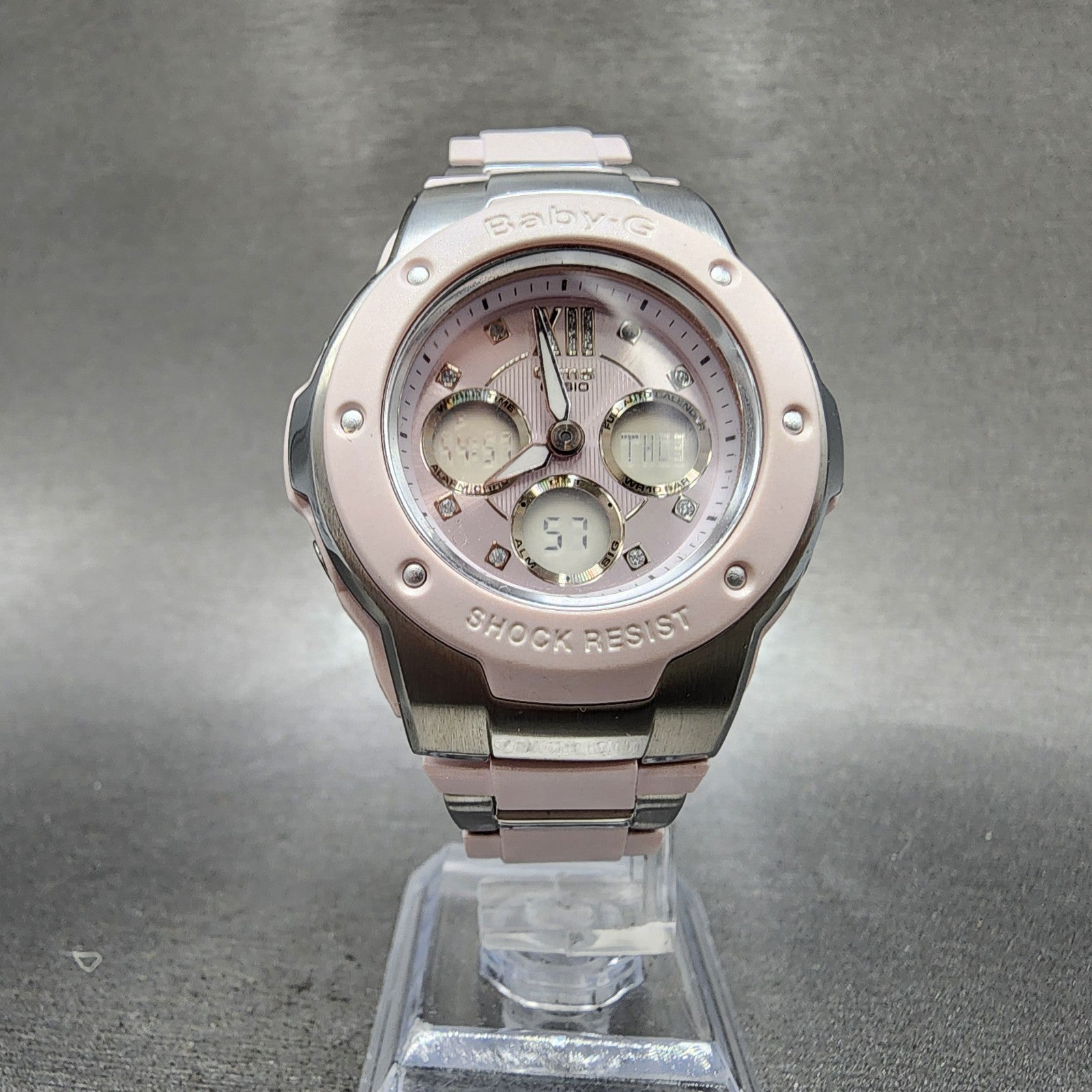 Casio BabyG MSG301 Watch Women 39mm Pink Dial Silver Tone Analog Digital Works5