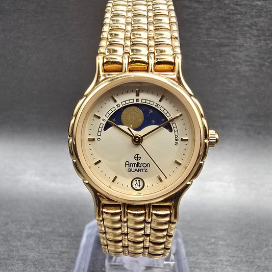 Armitron Moon Phase Watch Women 24mm Cream Dial Gold Tone Round 25/4908 New Batt0