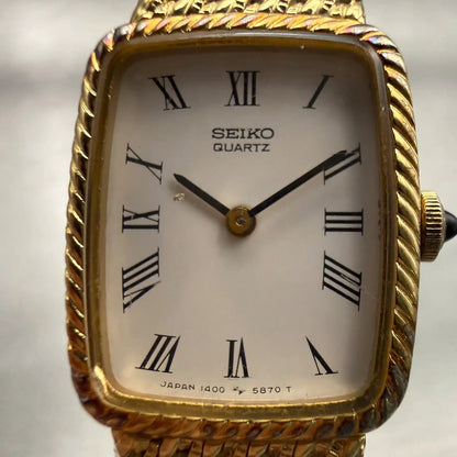 Seiko Tank Watch Women 17mm White Dial Gold Tone Rectangle 1400-8210 New Battery1