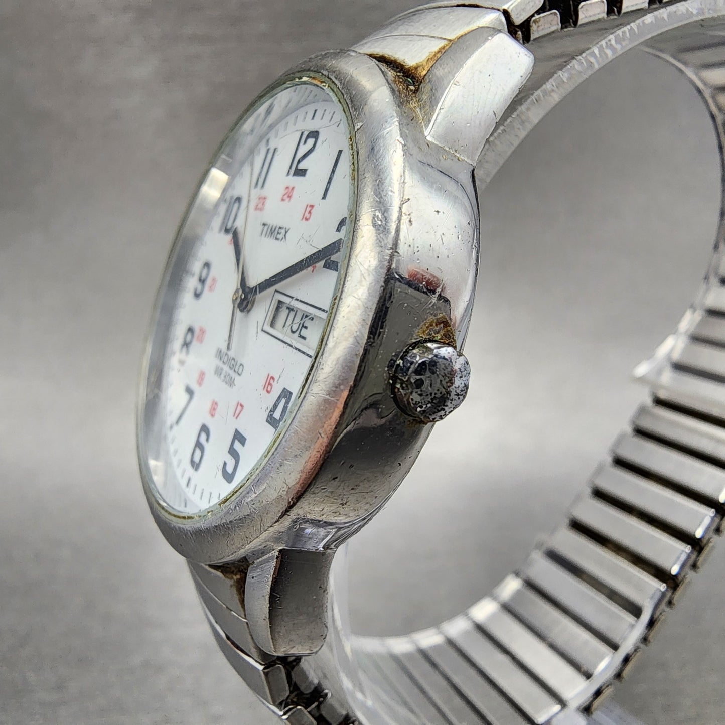 Timex Indiglo Easy Reader Watch Men 35mm White Dial Silver Tone Daydate New Batt2