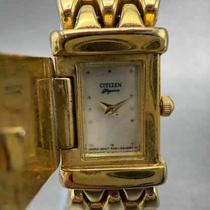 Citizen Elegance Tank Watch Women 14mm MOP Dial Gold Tone Flip Cover NewBatteryF1