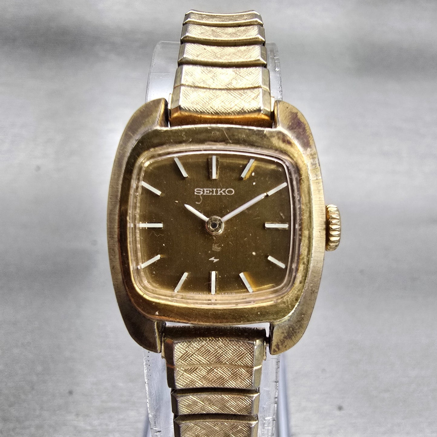 Seiko Watch Women 17mm Bronze Dial Gold Tone Rectangle 11-3499 Vintage Works0