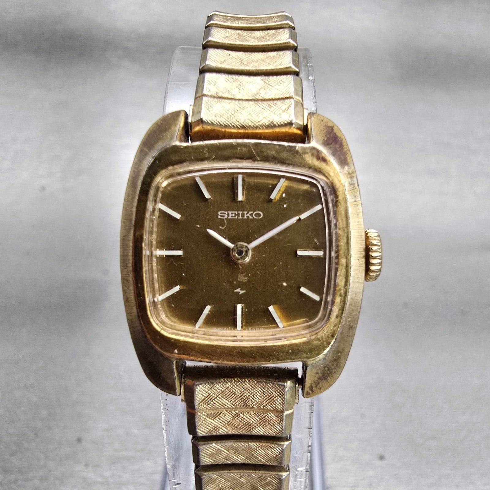 Seiko Watch Women 17mm Bronze Dial Gold Tone Rectangle 11-3499 Vintage Works0