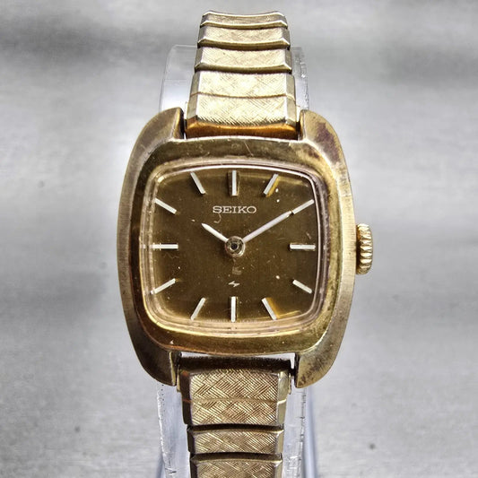 Seiko Watch Women 17mm Bronze Dial Gold Tone Rectangle 11-3499 Vintage Works0