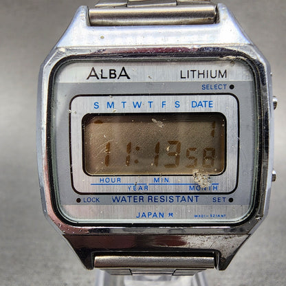 Seiko ALBA Digital Watch Men 33mm LCD Silver Tone Date Month W4015050 New Batt1