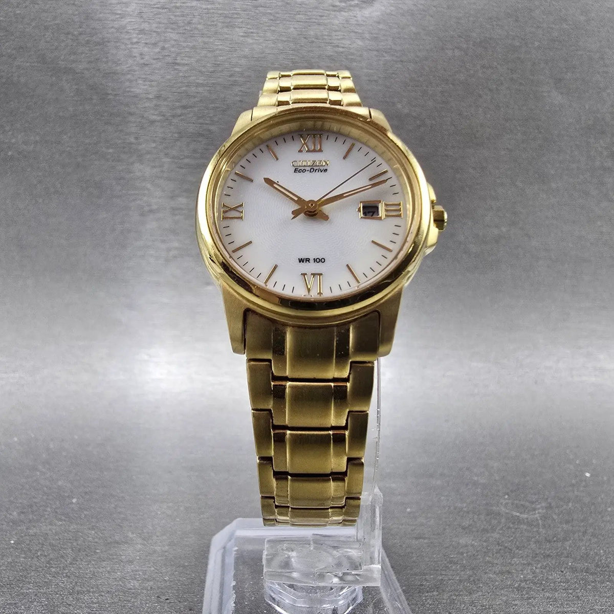 Citizen Eco-Drive Watch Women 28mm White Dial Gold Tone Date EW1912-51A Works5