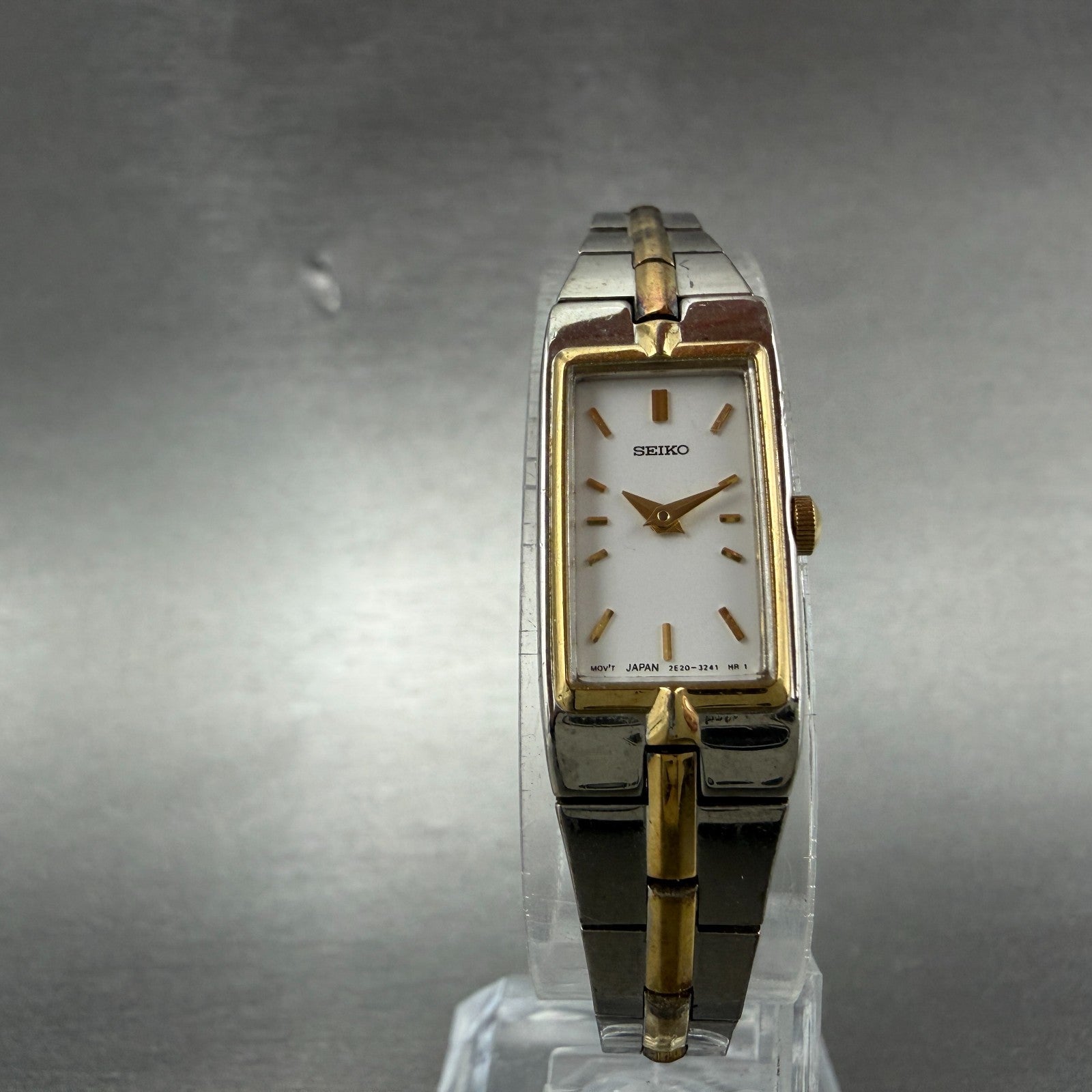 Seiko Tank Watch Women 13mm White Dial two Tone Rectangle 2E20-0AY0 New BatteryK5