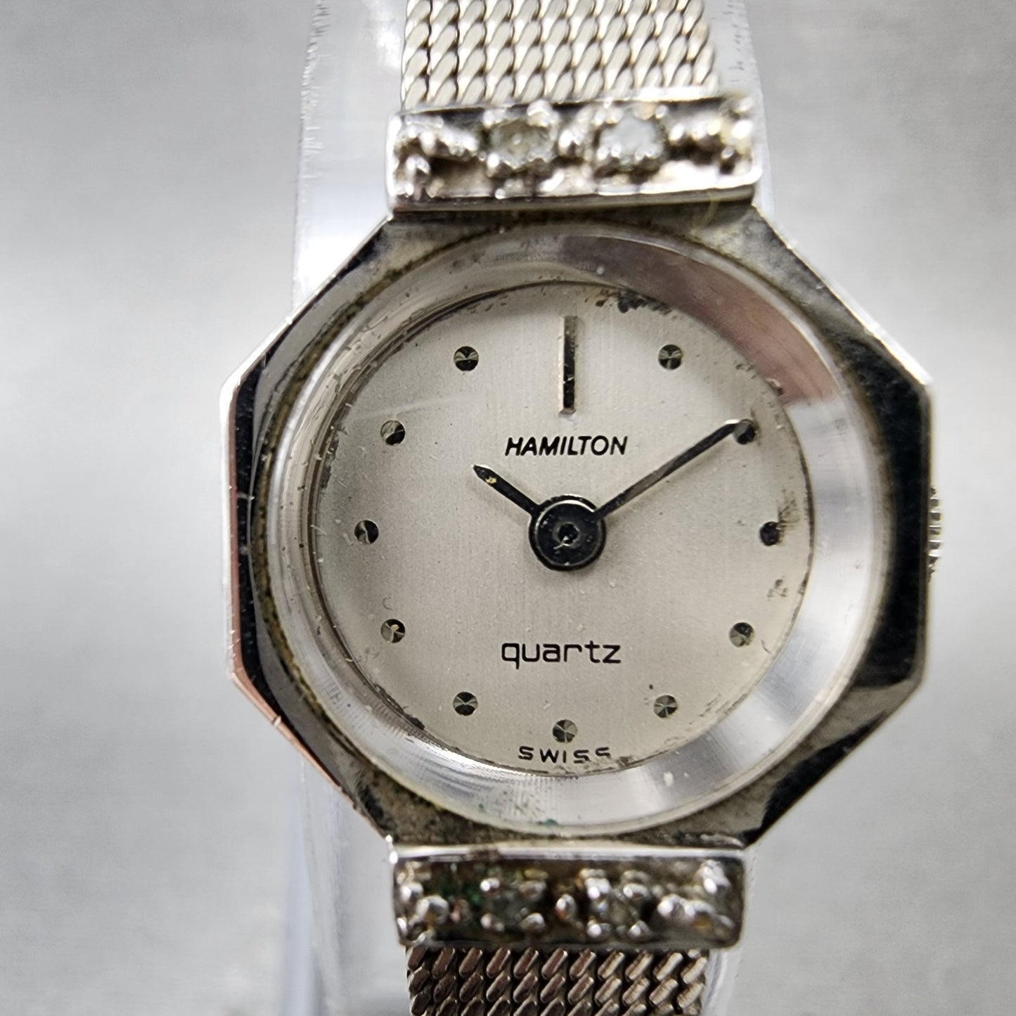 Hamilton Watch women 17mm White Dial 10K White Gold Plated Diamonds New Battery1