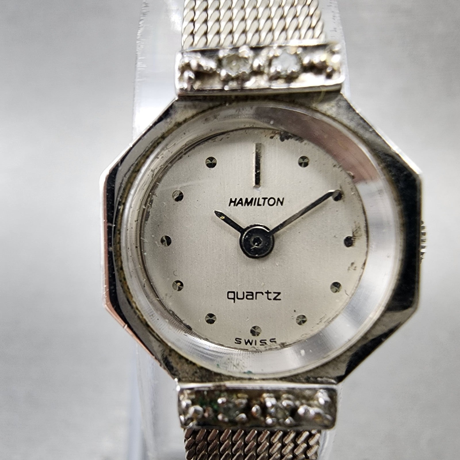 Hamilton Watch women 17mm White Dial 10K White Gold Plated Diamonds New Battery1