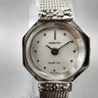 Hamilton Watch women 17mm White Dial 10K White Gold Plated Diamonds New Battery1