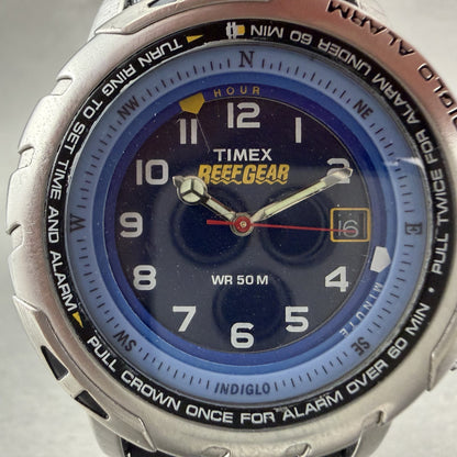 Timex Reef Gear Alarm Watch Men 39mm Blue Dial Silver Tone Date New Battery ABCD1