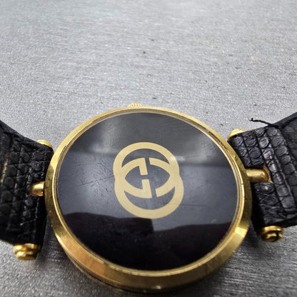 Gucci 2000M Watch Men 30mm Black Dial Gold Plated Leather Round New Battery VTG9