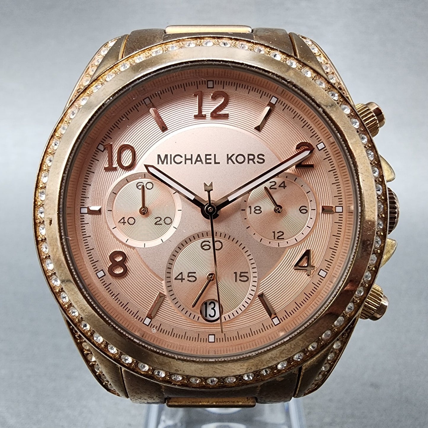 Michael Kors Blair Chronograph Watch Women 40mm Rose Dial Gold Tone Date New Bat1