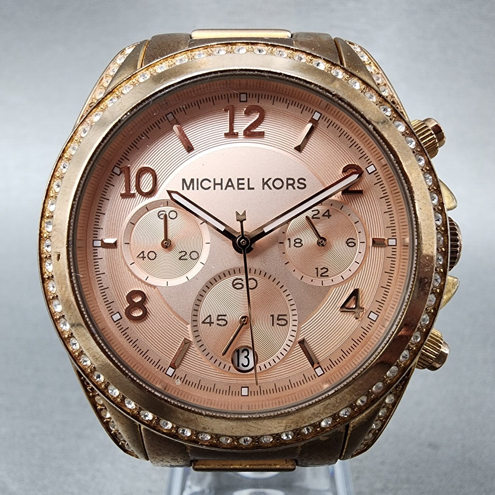 Michael Kors Blair Chronograph Watch Women 40mm Rose Dial Gold Tone Date New Bat1