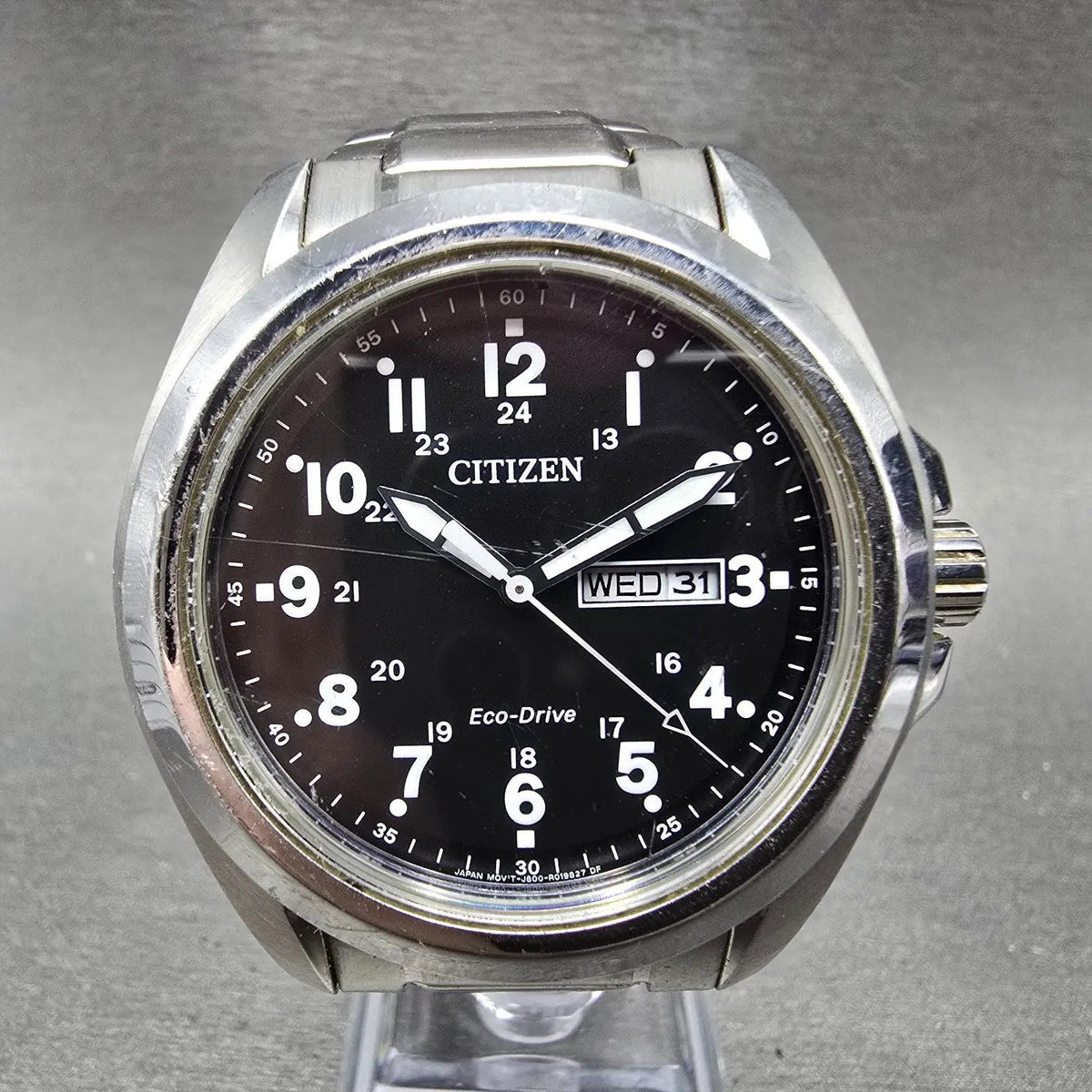 Citizen Eco-Drive Watch Men 43mm Black Dial Steel Daydate J800-R006738 Runs LP0