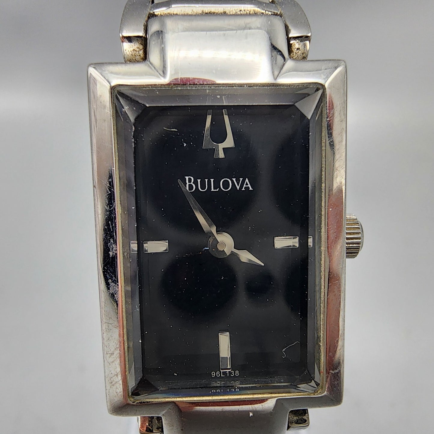 Bulova Watch Women Silver Tone Black Dial 18mm Rectangel 96L138 New Battery