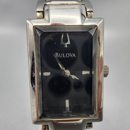 Bulova Watch Women Silver Tone Black Dial 18mm Rectangel 96L138 New Battery