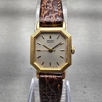 Seiko TankWatch Women 17mm Gray Dial Gold Tone Octagon 2C21-5279 New Battery VTG0