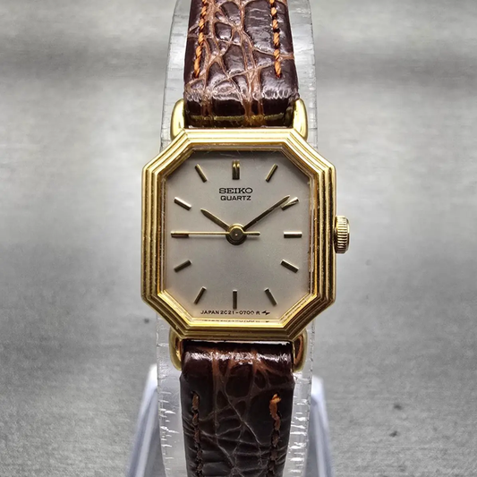 Seiko TankWatch Women 17mm Gray Dial Gold Tone Octagon 2C21-5279 New Battery VTG0