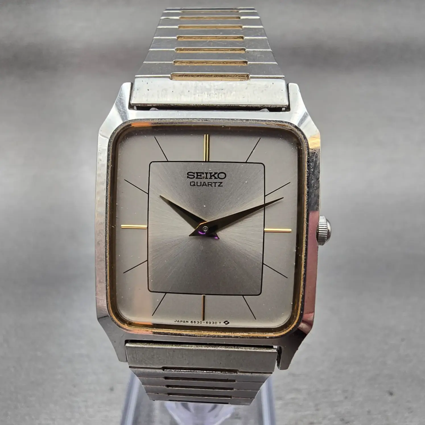 Seiko Watch Men 26mm Silver Dial Two Tone Rectangle 6530-5510 New Battery0