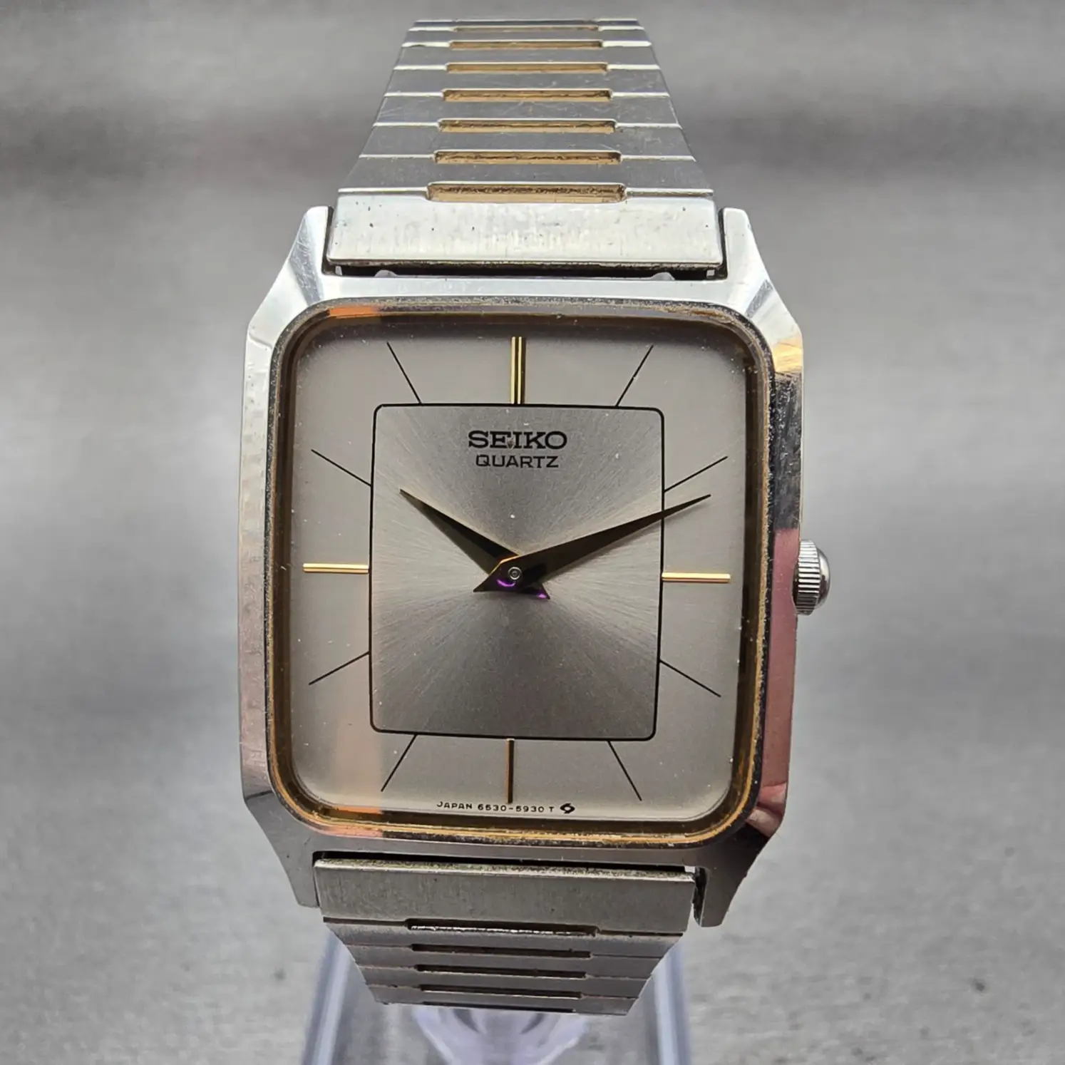 Seiko Watch Men 26mm Silver Dial Two Tone Rectangle 6530-5510 New Battery0