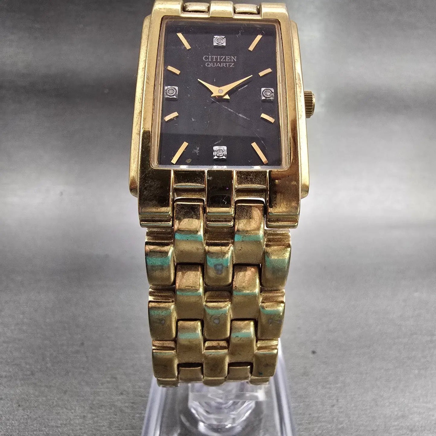 Citizen Watch Men 24mm Black Dial Gold Tone Rectangle 1022-K18078 New Battery5