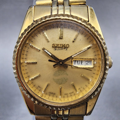 Seiko Watch Women 24mm Gold Dial Gold Tone Daydate Round 7N83-0041 New Battery
