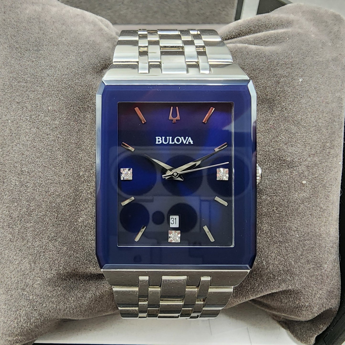 Bulova Quadra Tank Watch Men 31mm Blue Dial Silver Tone Rectangle 96D139 W/Box1