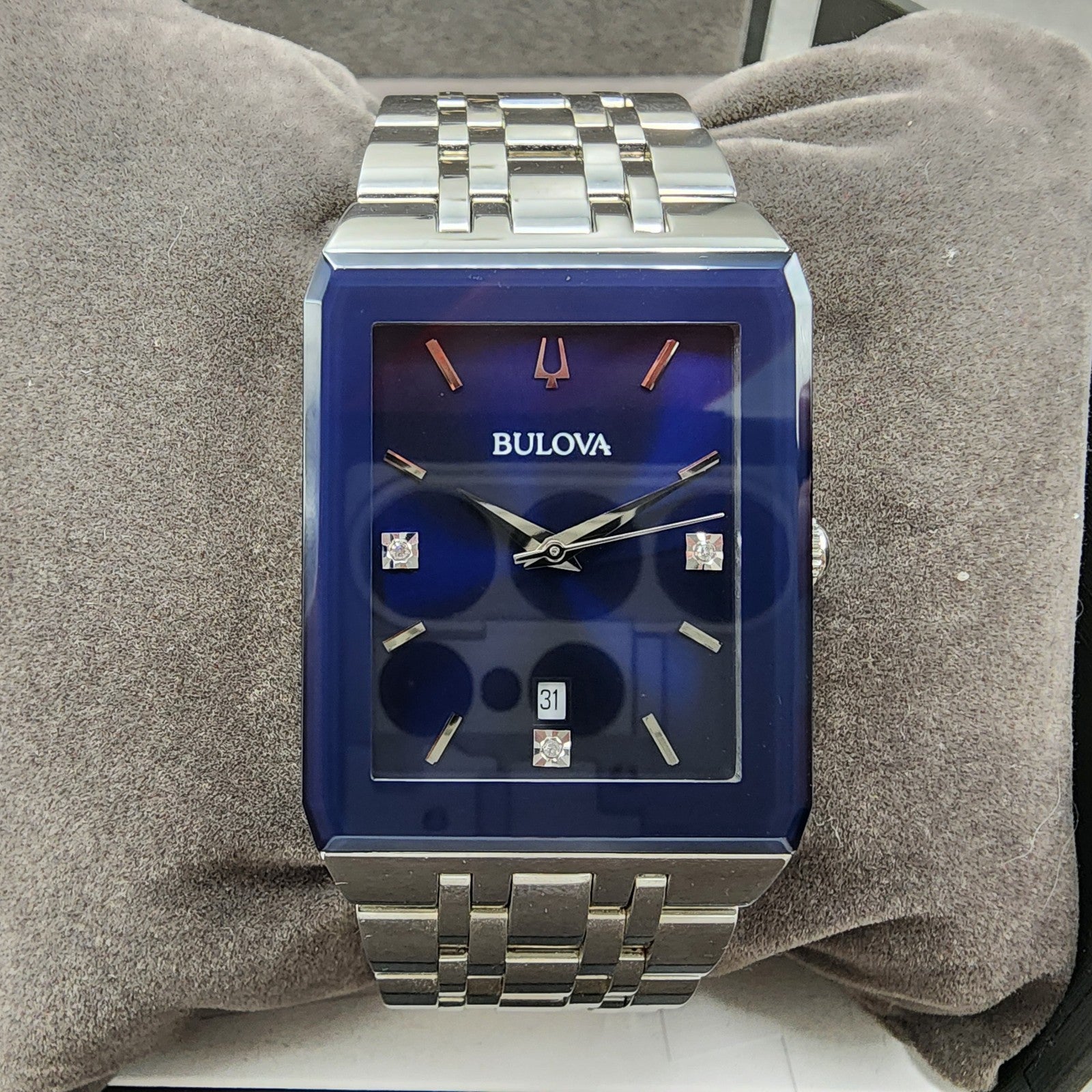 Bulova Quadra Tank Watch Men 31mm Blue Dial Silver Tone Rectangle 96D139 W/Box1