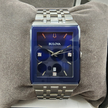Bulova Quadra Tank Watch Men 31mm Blue Dial Silver Tone Rectangle 96D139 W/Box1