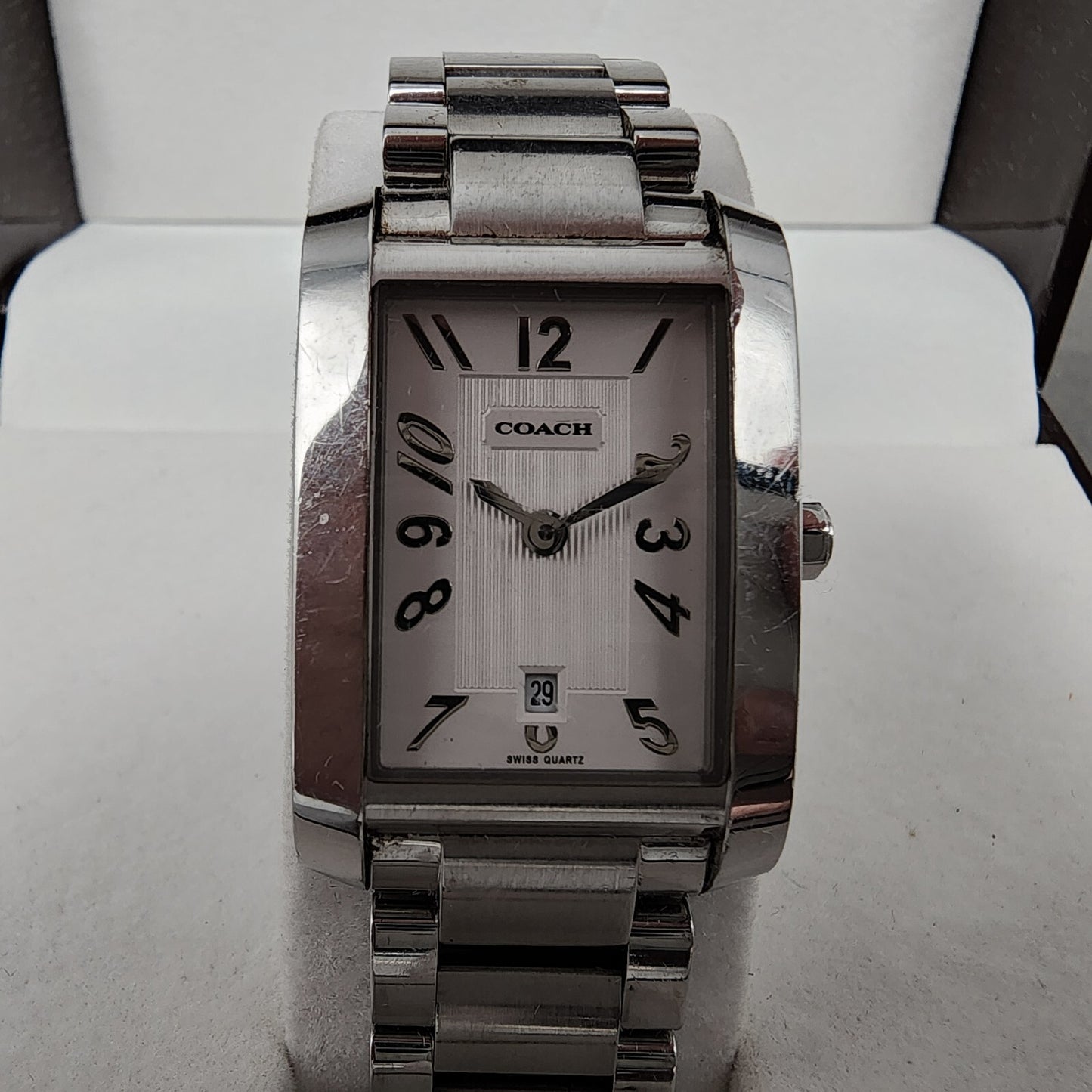 Coach Tank Watch Women 22mm White Dial Stainless Steel Date Rectangle New Batt1