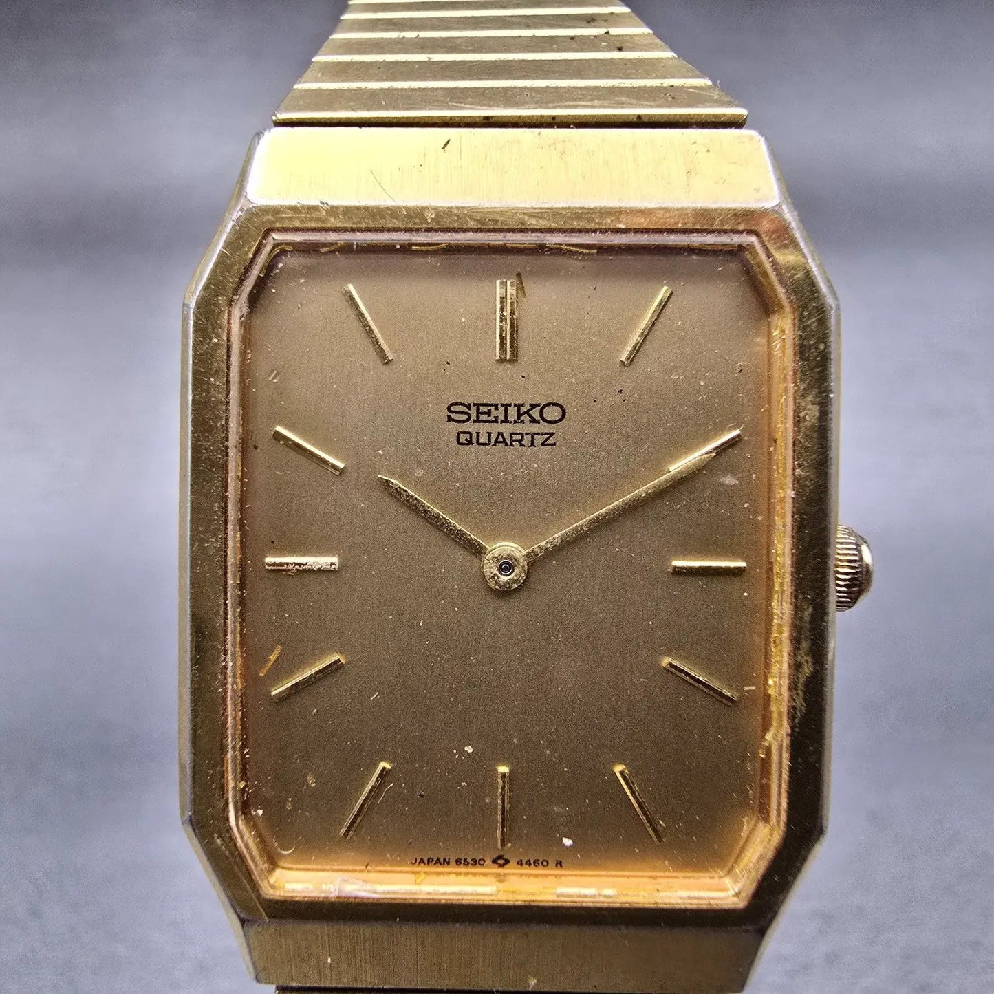 Seiko Tank Watch Men 26mm Gold Dial Gold Tone Rectangle 6530-5790 New Battery1