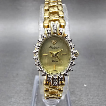 Jules Jurgenson Watch Women 17mm Champagne Dial Gold Oval Gem Set Bezel New Batt0