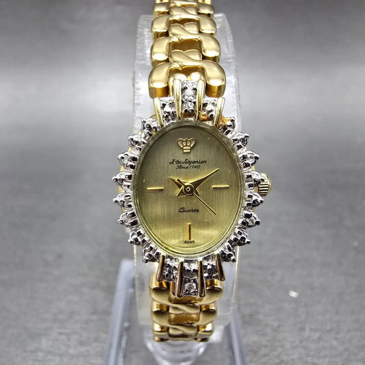 Jules Jurgenson Watch Women 17mm Champagne Dial Gold Oval Gem Set Bezel New Batt0