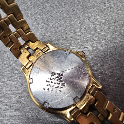 Seiko Watch Women 26mm White Dial Gold Tone Date Diamonds 7N89-0449 New Battery10