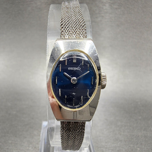 VTG Seiko Watch Women 15mm Blue Dial Silver Tone Manual Wind Rectangle 11 Runs0