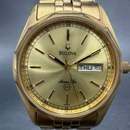 Bulova Marine Star Watch Men 35mm Gold Dial Gold Tone Date Round New Battery GH71