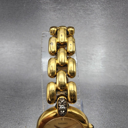 Seiko Watch Women 20mm Gold Dial Gold Tone Diamond Round 1N00-1C99 New Batt VTG