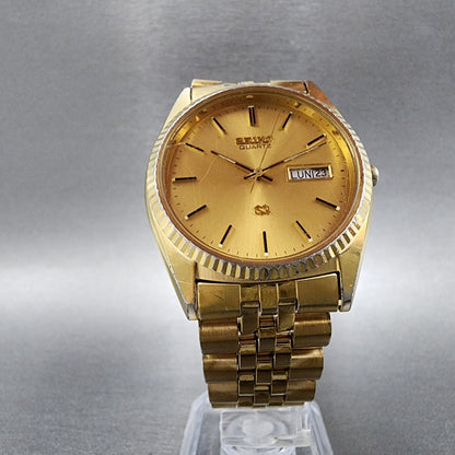 Seiko SQ President Watch Men 36mm Gold Dial Gold Tone Daydate Round 5Y23-8A69 A1