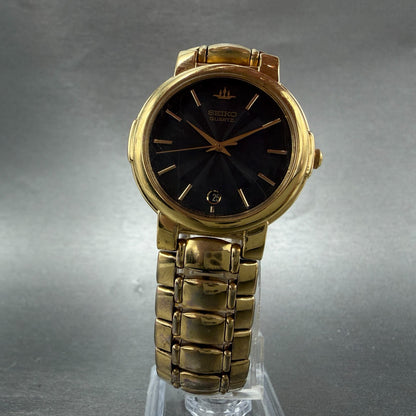 Seiko Watch Unisex 32mm Black Dial Gold Tone Date Round V722-6B10 New Battery5