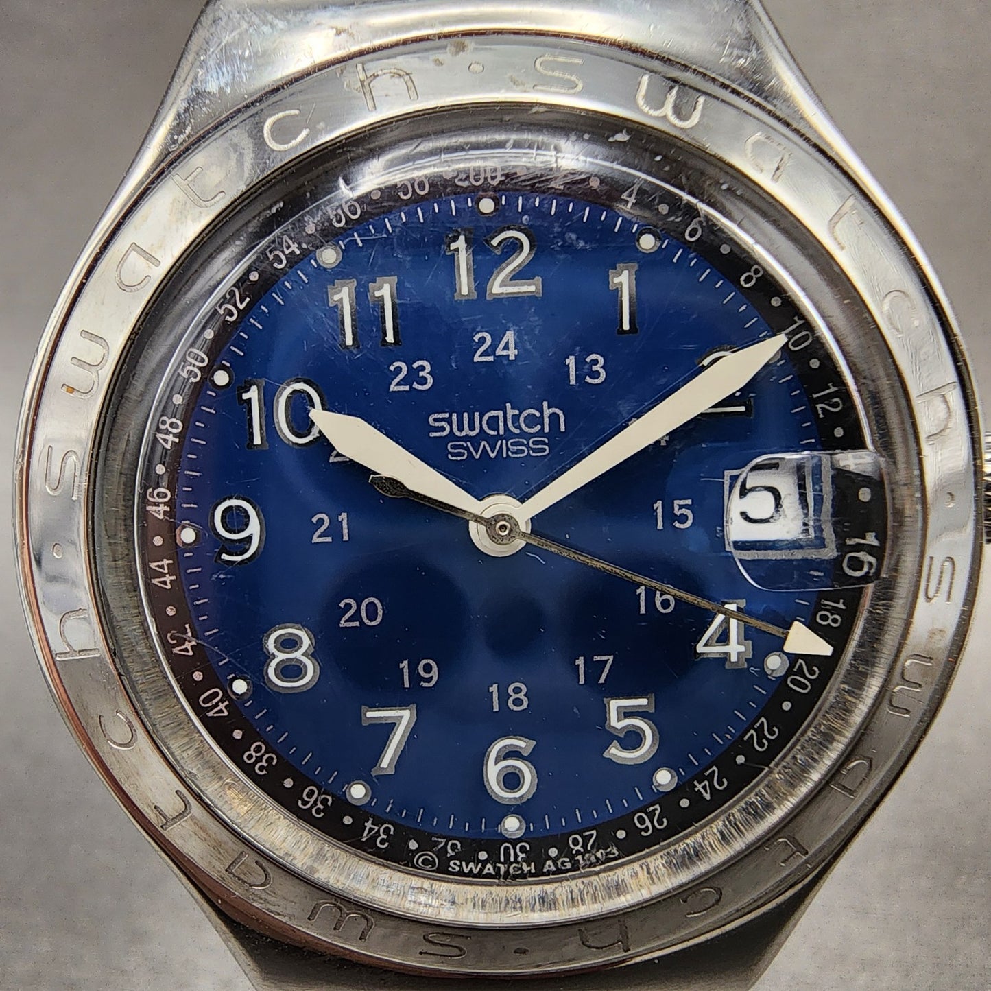 Swatch Irony Happy Joe Watch Men 37mm Blue Dial Steel Date Round New Battery AB11
